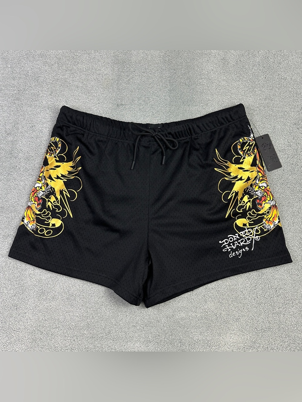 Ed Hardy Screaming Tiger Shorts Mens XL Black Mesh Lined Drawstring Tattoo NEW